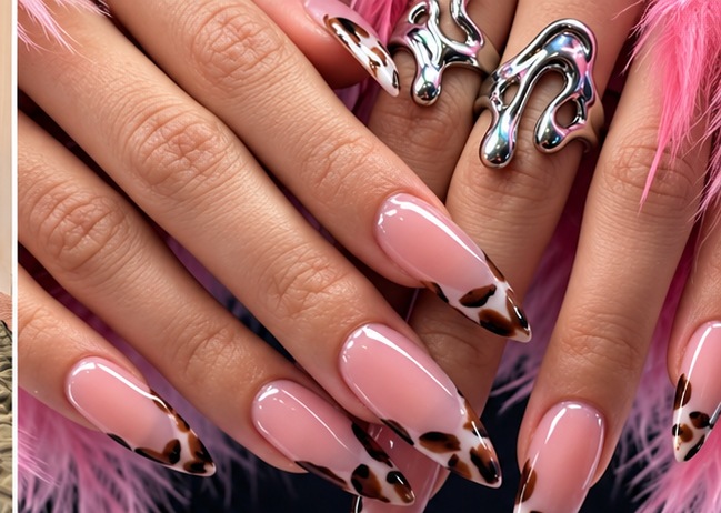 Pink and animal print acrylic nails